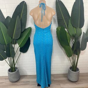 Jessica McClintock for Gunne Sax blue sparkly plunge neck halter gown